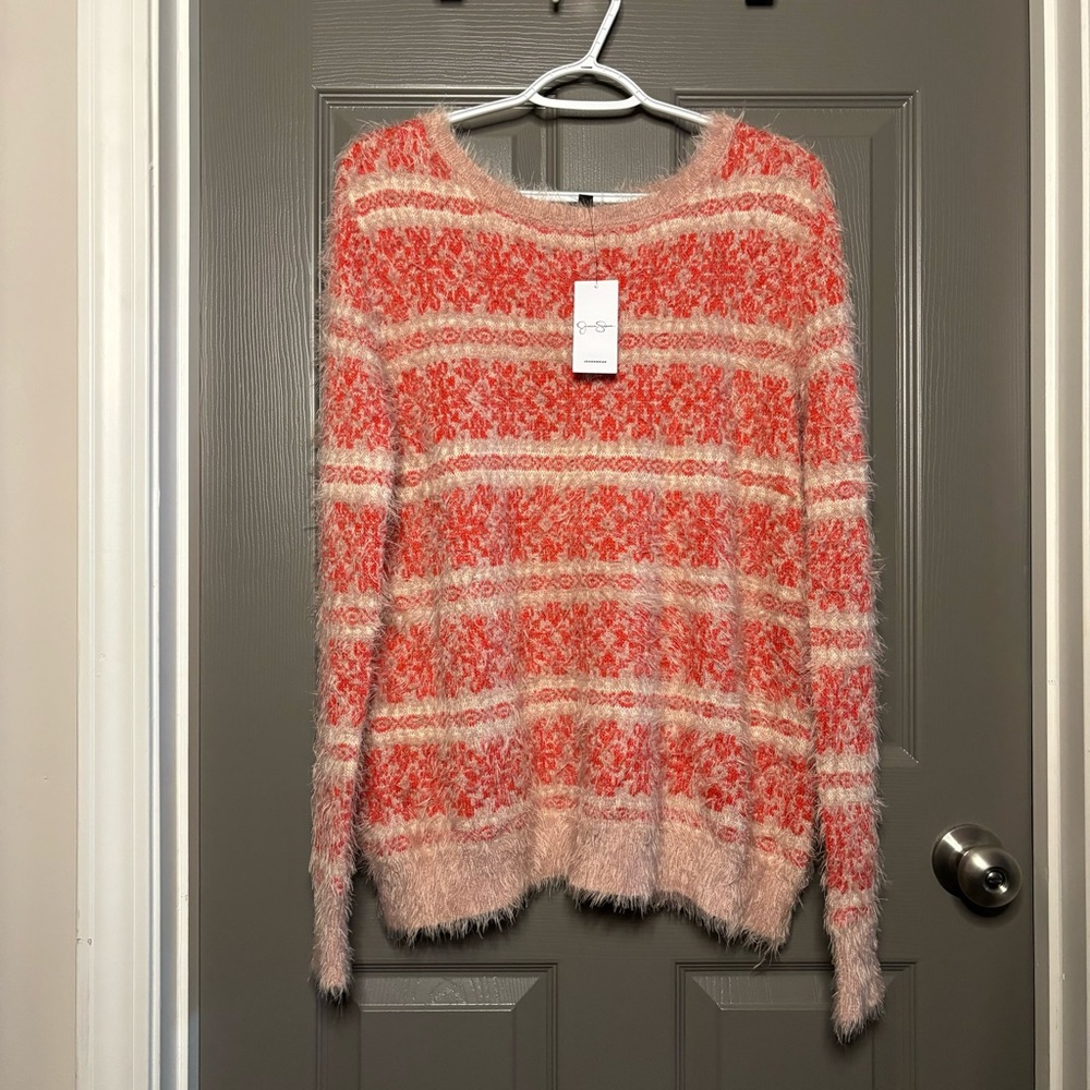 Jessica Simpson New Very Fuzzy Sweater Tunic M Deep Coral Ivory Plush - Picture 8 of 11